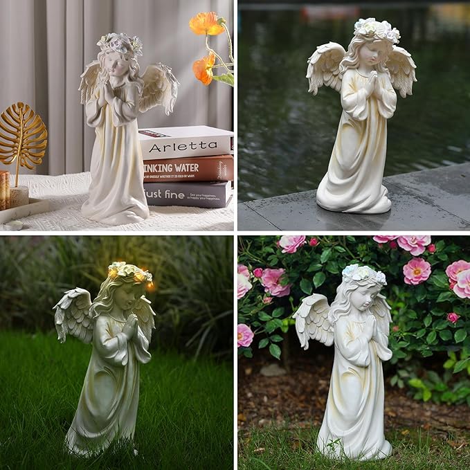Angel Garden Statue,Memory Guardian Solar Garden Decor with Warm Light,Waterproof Outdoor Garden Decor Praying Angel Figurine Sculpture for Lawn Yard Patio,Sympathy Present,White