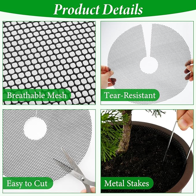 10Pcs 15.7 Inch Plant Pot Grids with 20 U-Shaped Nails, Cuttable Soil Cover Protector Cats, Animals Digging Stopper, Indoor Plant Pot Soil Guard for Outdoor Garden Balcony