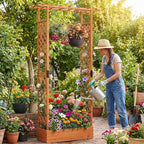 BECOMFORT Raised Garden Bed with Trellis & Hanging Roof, 89" Tall Fir Wood Planter Box with Drainage Holes, Outdoor Elevated Garden Planter for Climbing Vines, Perfect for Patio, Lawn & Backyard