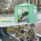 EAGLE PEAK 7x7 Portable Walk in Greenhouse, Pop Up Indoor Outdoor Greenhouse, Green House Kit with Zippered Roll-Up Doors and Windows + Mesh Lining & 2 Foldable Shelves, PE Cover, Clear/Green