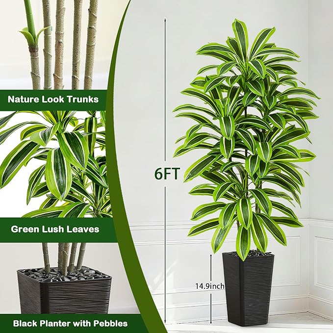 Artificial Yellow Dracaena Tree - 6FT Tall Fake Plants with Black Planter - Artificial Plants Indoor Floor Plant in Pot - Large Tropical Fake Yucca Potted Tree for Home Office Living Room Decor