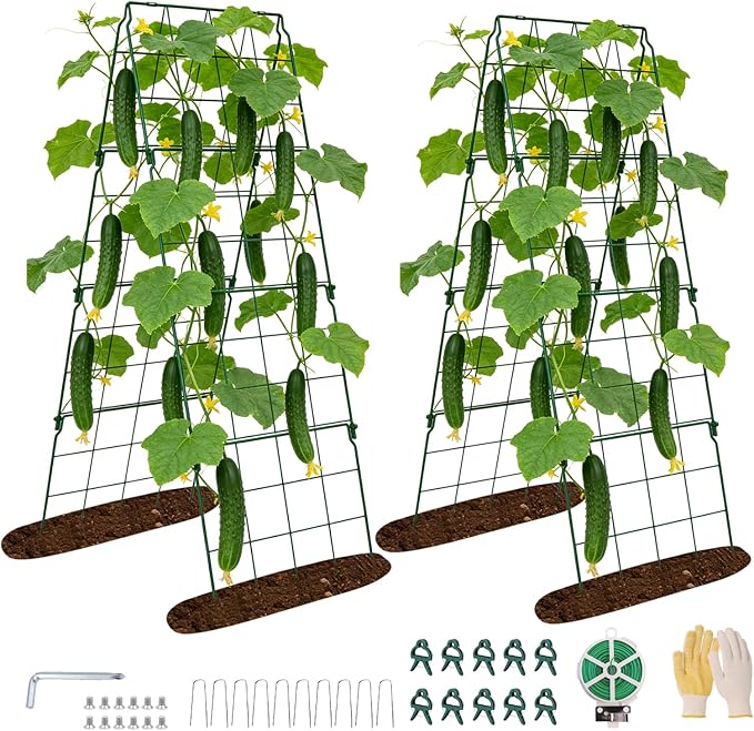 2 Pack Cucumber Trellis, 48"x16" Adjustable A-Frame Trellis for Climbing Plants, Metal Foldable Upgraded Vegetable Trellis for Raised Bed, Support for Tomatoes, Squash, Zucchini, Vegetables & Flowers