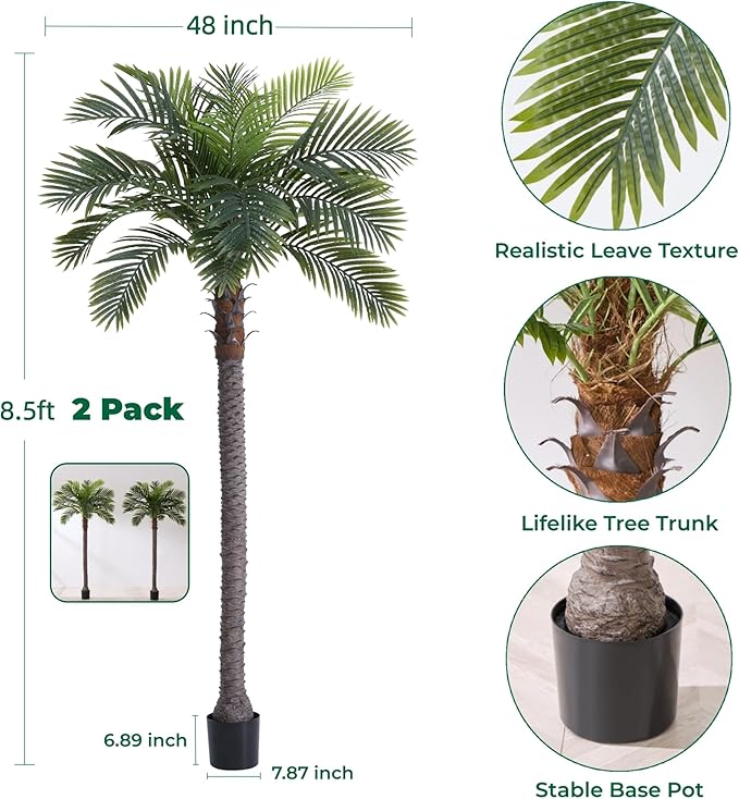 8.5FT Artificial Coconut Palm Set of 2, Faux Silk Palm Tree, Tropical Fake Trees for Indoor Outdoor, Large Sago Palm Plants for Home Office Garden Patio Poolside Backyard