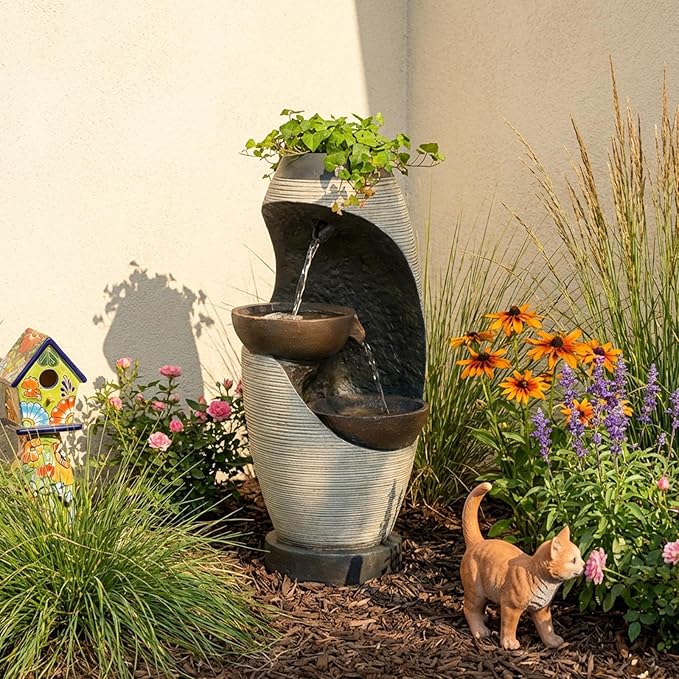 Bumilgar 2-Tier Bowl Water Fountain with LED Lights, 27.95" Tall Freestanding Outdoor & Indoor Garden Waterfall Fountain for Yard, Patio, Backyard, Floor Standing Home Decor
