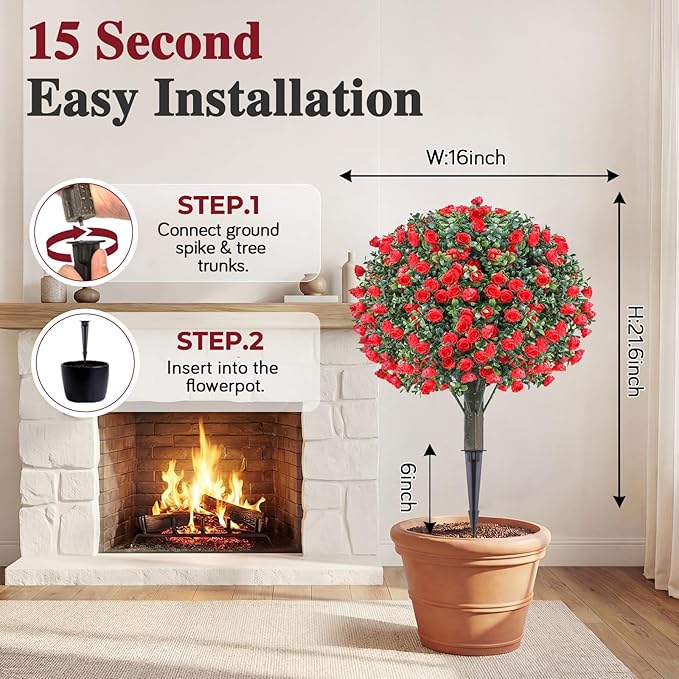 PATIO CHOICE Topiary Trees Artificial Outdoor Boxwood Ball Trees with Rose Set of 2 22" Fake Outdoor Plants Faux Bushes and Shrubs Decorations for Outdoor Indoor Front Porch Garden