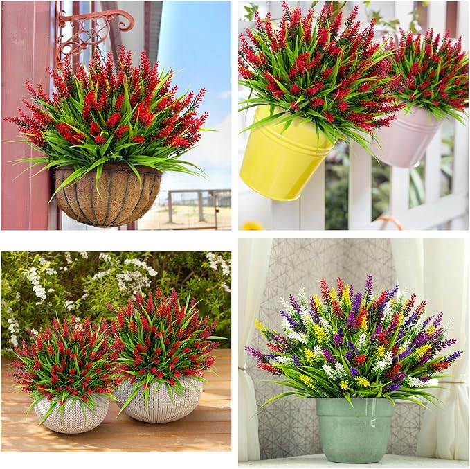 Bassion 24 Bundles Artificial Flowers for Outdoors, Fake Lavender Flowers with Monkey Grass UV Resistant Plastic Faux Plants for Outside Hanging Planter Window Box Garden Patio Front Porch Home Decor