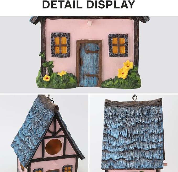 Bird Houses for Outside Pink Cottage Resin Birdhouse, Garden Outdoor Decor Bird House with Flower and Stone Details, Birdhouses for Outdoors for Bluebird Finches Cardinals