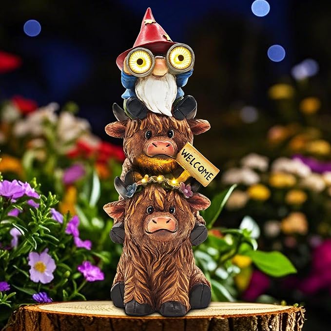 Garden Gnomes Outdoor Statue: 11'' Highland Cow Decor with Welcome Sign Funny Triple Yard Decorations with Solar Light Unique Birthday Gifts for Women Mother Grandma
