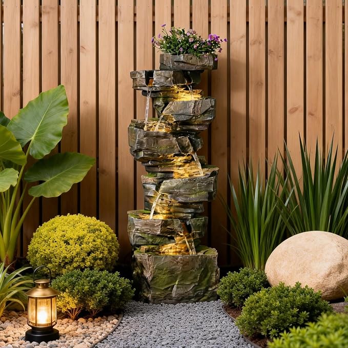 Sunlinua 48.6" H Outdoor Water Fountain with 6 Tiers Large Cascading Realistic Rock Waterfall Fountains with LED Lights Outdoor Water Fountain for Garden Patio Backyard Porch Home Decor