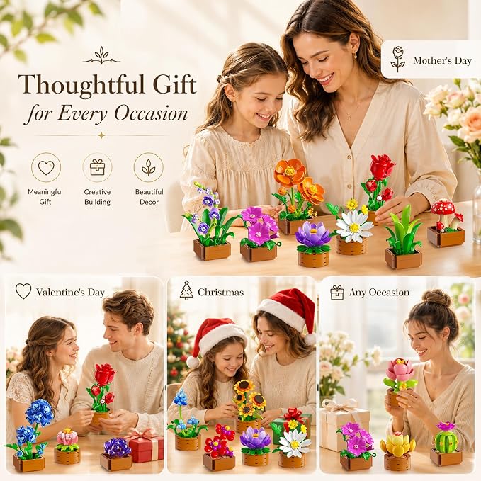 CUBIMANA 18 Unique Flowers Botanical Collection Mini Building Set, Tiny Flowers, Succulents & Plants with 3.6mm Mini Blocks, Desk Decor for Home Office, Relaxing DIY Gift for Women Adults Kids 12+