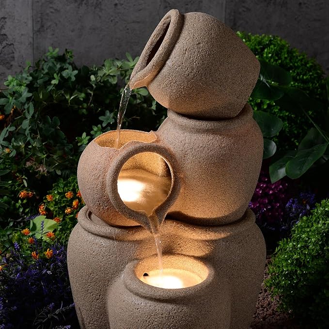 29.53” H 3-Tiers Cascading Jars Outdoor Water Fountain Made with Eco-Friendly Recyclable Materials, Polyethylene Waterfall Fountain, Outdoor Decor with LED Lights for Patio, Backyard