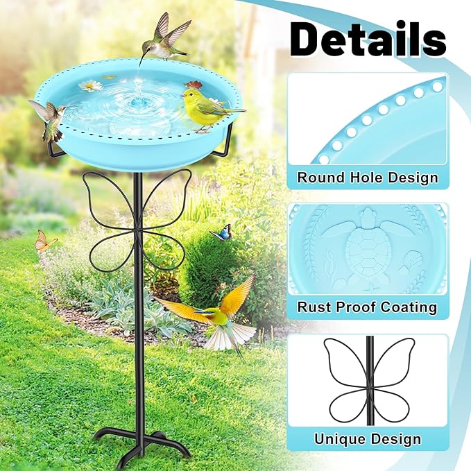 37In Bird Bath for Outside, 2-in-1 Birdbath & Birdfeeder with Detachable Plastic Bowl, Metal Butterfly Stake & Sturdy 5-Pronged Base for Outdoor Garden Yard Decor (Blue)