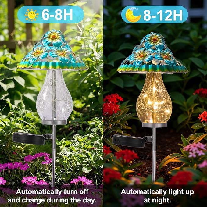 LOVERUIS Garden Statues with Solar Watering Can Lights, Cute Outdoor Garden Decor for Patio Yard Lawn Ornaments, Unique Gift for Women Mom Grandma (ARS-Mushroom Blue)