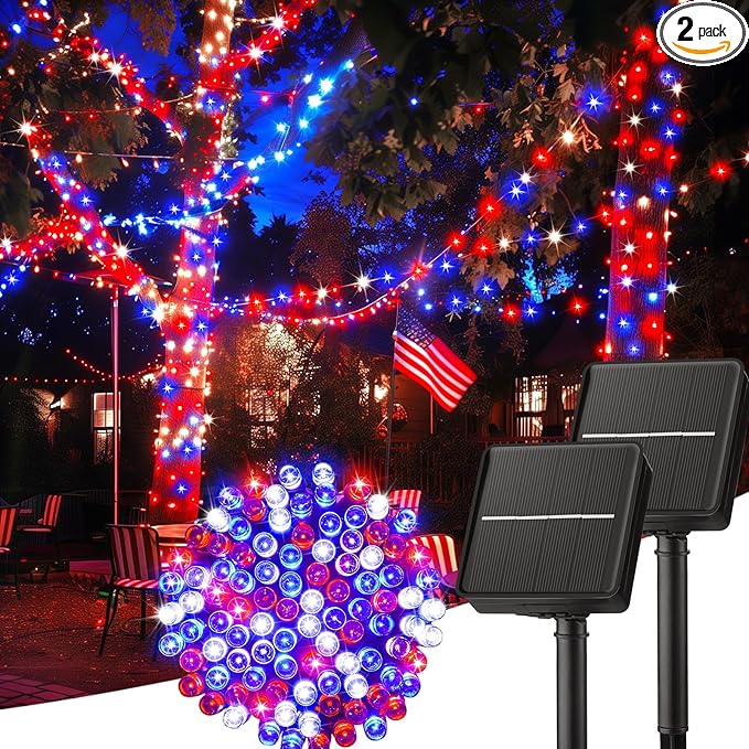 Minetom Red White Blue Lights, 2Pack Total 200 LED 80FT 4th of July Patriotic Lights 8 Modes, Waterproof Solar String Lights Outdoor,Solar String Lights for Outside Independence Day Memorial Day Decor