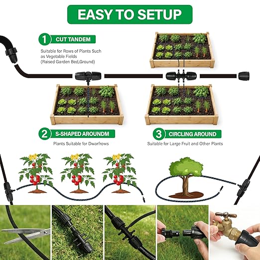 MIXC 80% Water Savings Drip Irrigation System Kit – 100ft 1/4" Soaker Hose & 10ft 1/2" Main Tubing with Connectors, Automatic Watering System for Large Vegetable Garden, Lawn, Raised Bed, Greenhouse