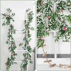 RECUTMS Artificial Hanging Willow Leaves Vine Twigs Whit Roses Flower 2Pc 5.7Ft Faux Ivy Plant Silk Green Leaf Rose Floral Garland Greenery Indoor Outdoor Wedding Jungle Birthday Party Garden Decor