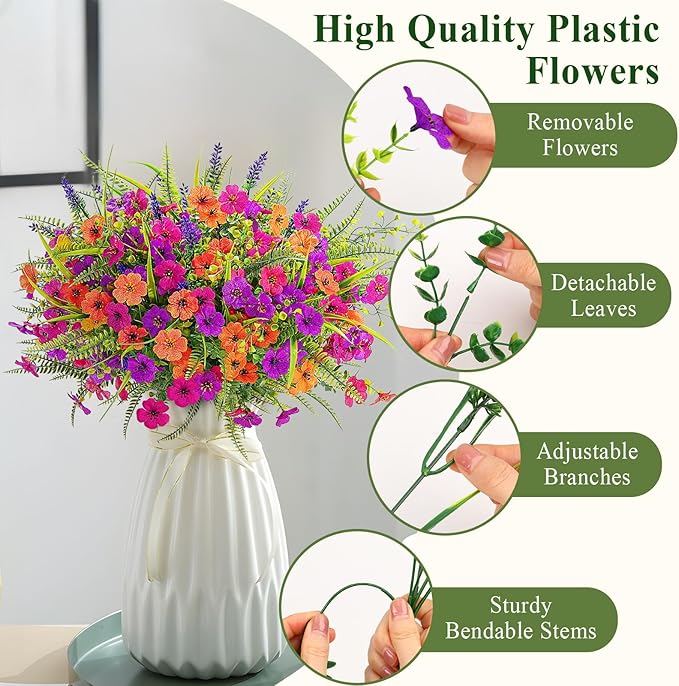 Alupssuc 36 Bundles Artificial Flowers for Outdoors Spring Decoration, UV Resistant Eucalyptus Violet and Lavender Silk Fake Plants for Outside Indoor Yard Home Patio Decor, Orange Rose Purple