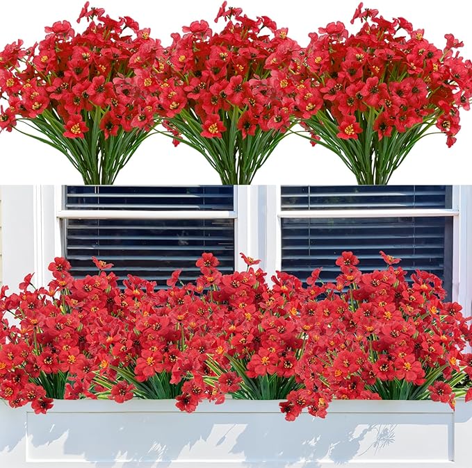 Bassion 24 Bundles Artificial Flowers for Outdoors Decoration, UV Resistant Red Silk Fake Faux Flowers Artificial Plants for Outside Window Box Porch Garden Home Decor