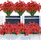 Bassion 24 Bundles Artificial Flowers for Outdoors Decoration, UV Resistant Red Silk Fake Faux Flowers Artificial Plants for Outside Window Box Porch Garden Home Decor