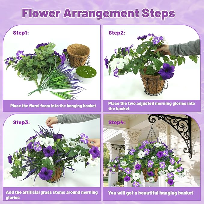 Artificial Flowers Hanging Baskets for Outdoors, 5PCS UV Resistant Faux Outdoor Plants, Fake Petunias Silk Flowers for Garden Balcony Yard Porch Decor (White Green Purple)