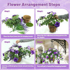 Artificial Flowers Hanging Baskets for Outdoors, 5PCS UV Resistant Faux Outdoor Plants, Fake Petunias Silk Flowers for Garden Balcony Yard Porch Decor (White Green Purple)