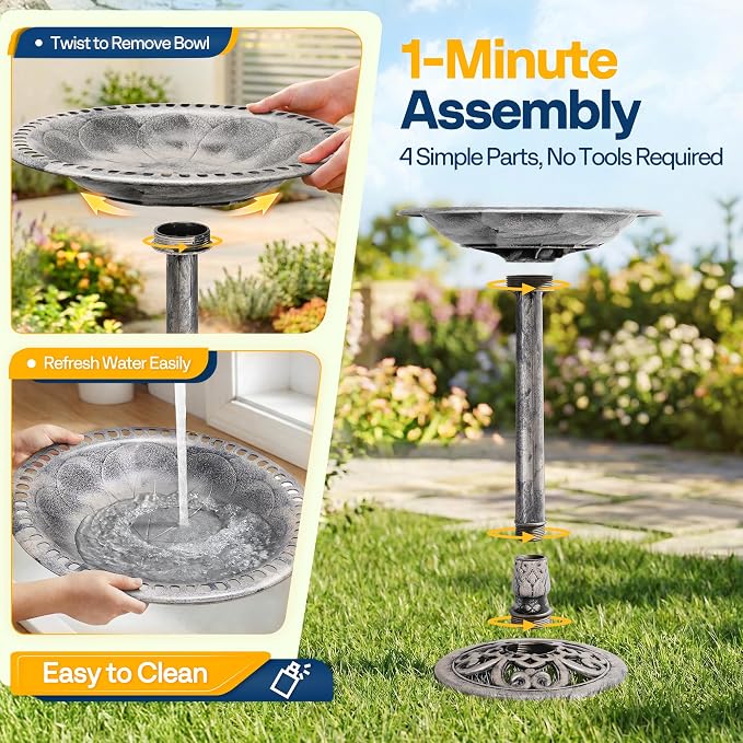 VIVOHOME Bird Bath with Solar Fountain for Outside, Polyresin Pedestal Bird Baths with Solar Powered Pump for Outdoor, Garden, Weather-Resistant Birdbaths with 20" Bowl, Gray