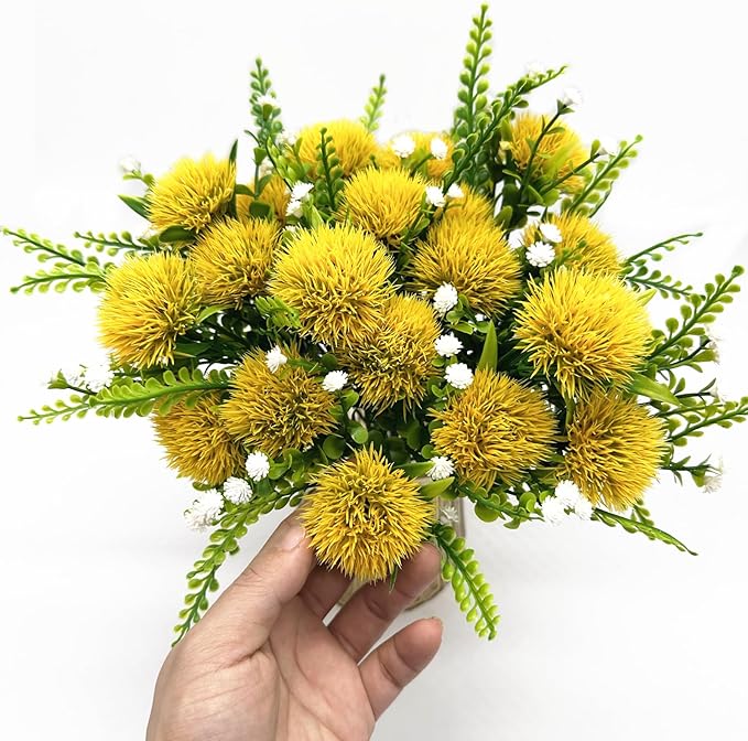 Artificial Dandelion Flowers Fake Plants Plastic Greenery Simulated Faux Flower for Outdoor Indoor Home Decor Garden Bathroom Office Party Wedding Bouquet Vase Planter Filler Decoration Yellow 4 Pack