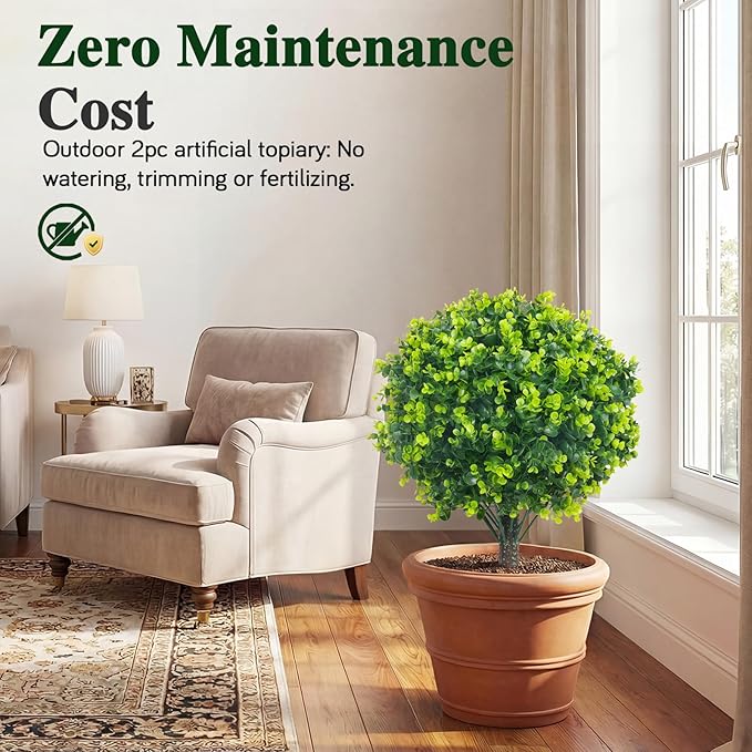 PATIO CHOICE Topiary Trees Artificial Outdoor Boxwood Ball Trees with Ground Spike Set of 2 22" Fake Outdoor Plants Faux Bushes and Shrubs Decorations for Outdoor Indoor Front Porch Garden
