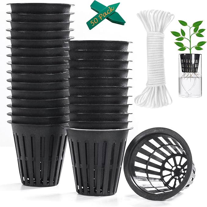 ORIMERC 2 inch Net Pots for Hydroponic Tower, 50 Pack Mesh Net Cups Come with Self Watering Wicking Rope&Plant Labels, for Hydroponic Garden Plants Baskets Aquaponics Vegetable Growing Indoor BPA Free