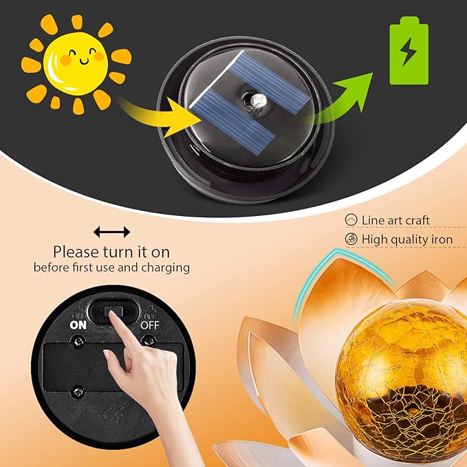 AIINY Garden Solar Lights Outdoor(2Pack), Amber Crackle Globe Glass Lotus Decoration, Waterproof Orange Metal LED Flower Lights for Patio,Lawn,Walkway,Tabletop,Ground, Garden Gifts for Women