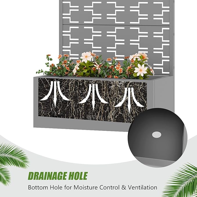 Casaphoria Metal Raised Garden Bed with Trellis, 59"x30"x12" Planter Box for Climbing Plants, Vegetables & Vines, Features Drainage Holes and Privacy Screen, Grey-Brick