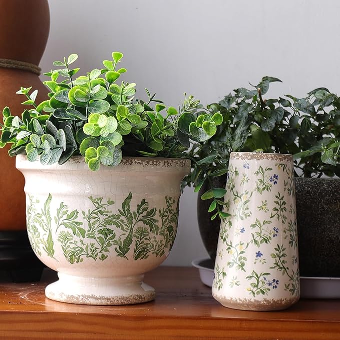 Vintage Ceramic Ice Crack Flower Pot with Drainage Hole Large Rustic Planter for Indoor and Outdoor Unique Antique Pastoral Pot Gardening Gift for Valentine's Day, Home Decors