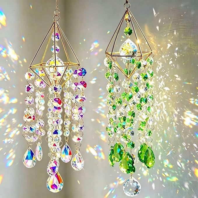 2 Sets Crystal Suncatcher Wind Chimes for Window Hanging, Rainbow Prism Crystal Sun Catchers Indoor Hanging Decor for Home, Garden, Plant & Wedding (AB Green)