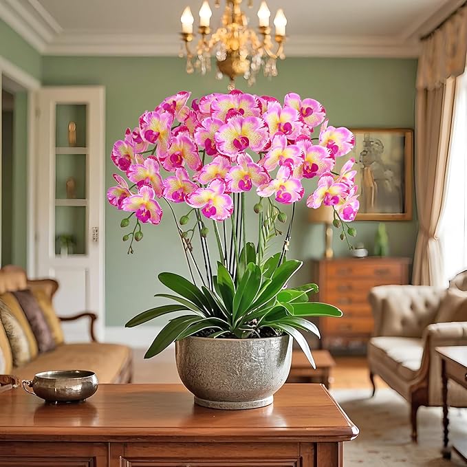 Htmeing 38 Inch Artificial Phalaenopsis Flowers Branches Real Touch (Not Silk) Orchids Flowers for Home Office Wedding Decoration,Pack of 2 (Yellow Purple)