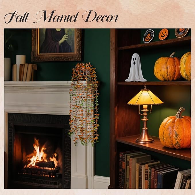 Der Rose 1Pcs Fake Fall Plants Hanging Orange Artificial Potted Faux Eucalyptus Plant Decorations for Fall Thanksgiving Bathroom Table Centerpiece Wall Kitchen Room Decor Indoor and Outdoor