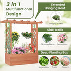 Giantex Set of 2 Raised Garden Bed with 2-Sided Trellis & Hanging Roof, Fir Wood Planter Box w/Drainage Holes, Freestanding Garden Planter for Flowers Herbs Climbing Vines (43"x15"x45")