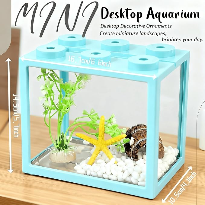 Small Betta Fish Tank, Stackable Mini Fish Tank Tiny Aquarium Kit with Aquarium Gravel & Resin Decorations, 0.6 Gallon Cube Desktop Fishbowl for Snails, Crabs, Starfish (Light Blue)