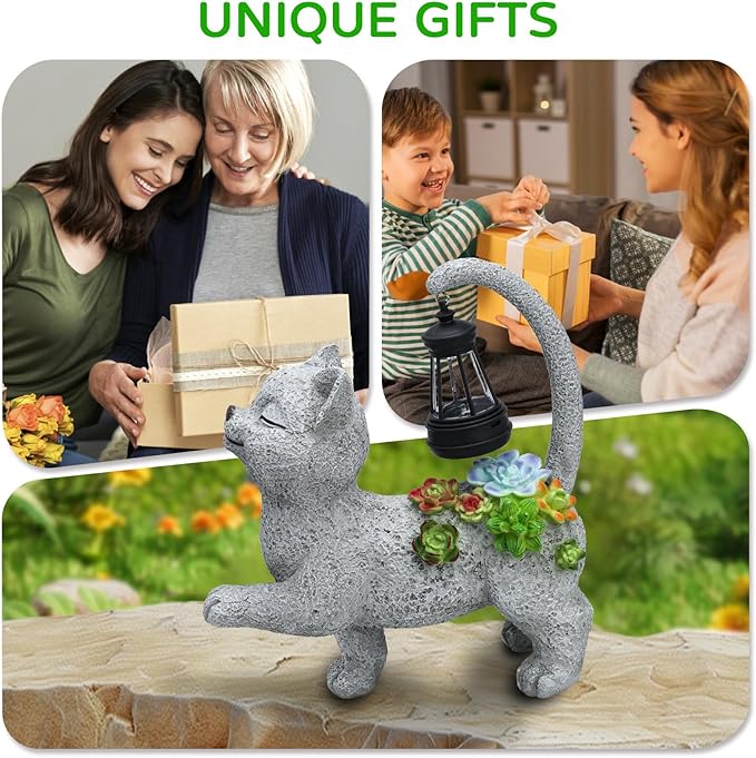 WENYLE Solar Garden Outdoor Statues,Cat Garden Statue with Succulent Solar Lantern, Cat Lover Gifts for Women