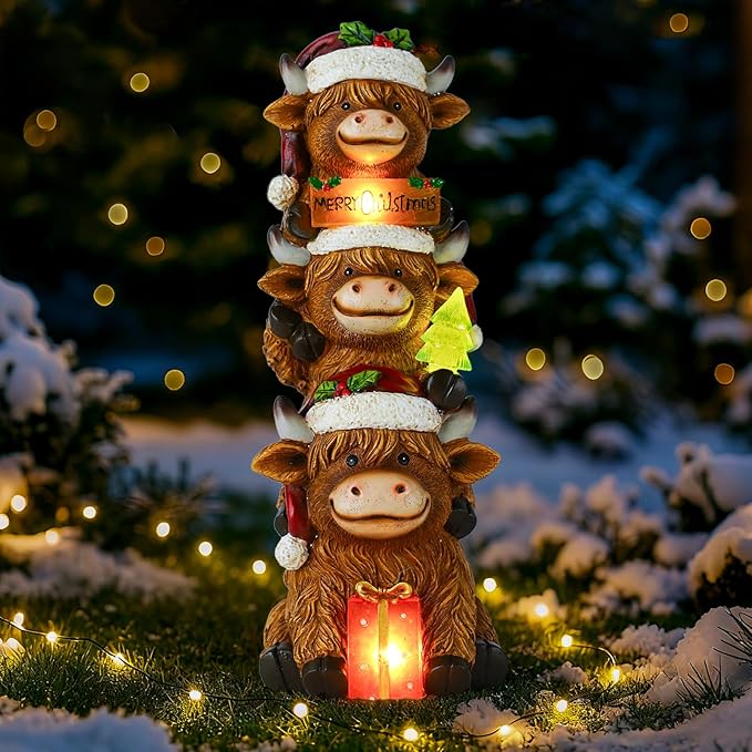 twinbling Christmas Highland Cow Decor with Solar Light Triple Highland Cow Christmas Decorations Gifts for Women Mom Funny Highland Cows Garden Statues for Garden Patio Lawn Yard Decor