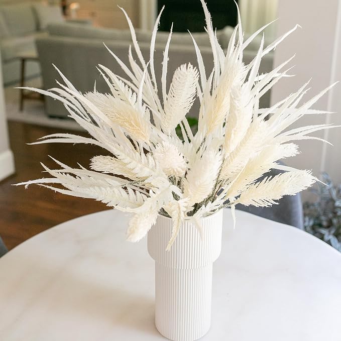 7 PCS Artificial Stems Fake Plants for Spring Summer Decor, 26 in Fake Leaves Greenery Branches White Silk Flowers Faux Foliage DIY Stems for Vase Home Kitchen Farmhouse Indoor Table Centerpiece