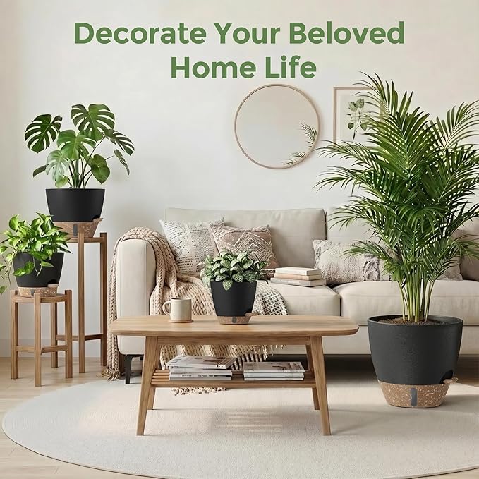 Plant Pots, 12" 10" 6" 8" Self Watering Pots with Water Level Indicator, Set of 5 Flower Pots Indoor with Drainage Holes, Modern Planters for Indoor Outdoor Plants, Room & Office Décor