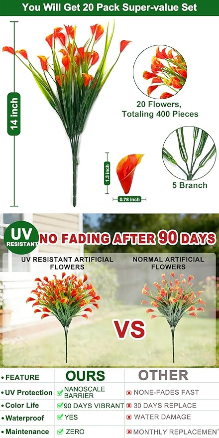 TURNMEON 20 Bundles Calla Lily (400 Heads) Artificial Flowers for Outdoors UV Resistant, Fake Faux Plastic Fake Flowers Plants for Indoor Yards Planter Home Porch Spring Fall Summer Decor(Orange Red)