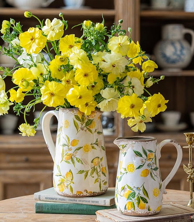 Vintage Lemon Ceramic Vase with Handle, Retro Ice Glazed Crack Farmhouse Pitcher Vase for Home Decor, Living Room, Shelf, Office, Rustic Table Centerpiece 9 Inch