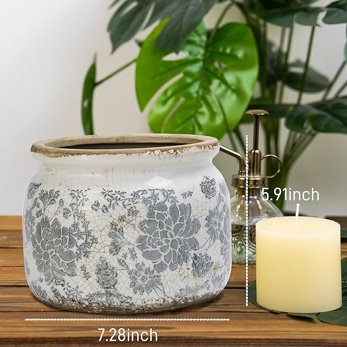 Dosayes Large Ceramic Pot for Planters, Ice Crack Glazed Flower Pot with Drainage Holes,5.91inch Vintage Planters for Indoor and Outdoor (Gray)