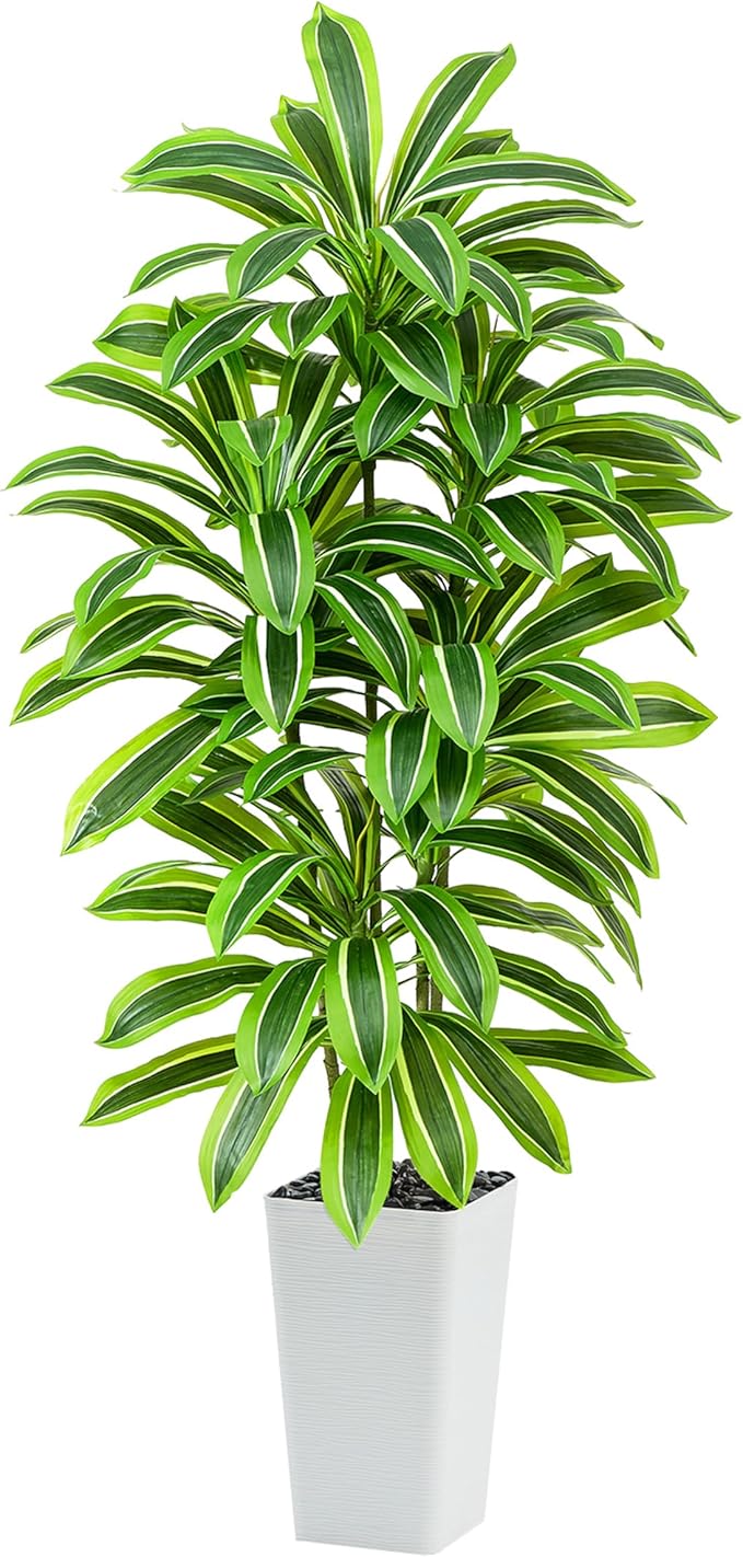 Artificial Dracaena Tree：5FT Faux Silk Tropical Yucca Floor Trees Realistic Fake Green Plant with Natural Wood Trunk & Lifelike Leaves for Home Office Decor Indoor & Outdoor (5FT,1-Pack,White)