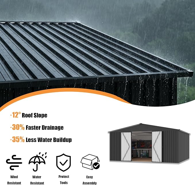 14x12 FT Outdoor Storage Shed, Metal Garden Shed with Lockable Door & Sloped Roof, Large Waterproof Utility Tool Shed for Backyard, Garden, Patio, Lawn, Black