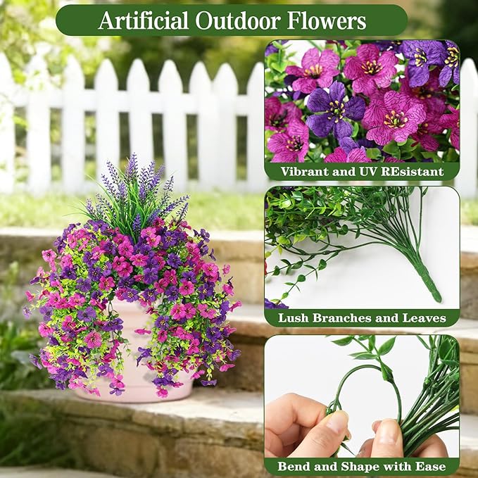 Artificial Fake Hanging Flowers Plants for Outdoor Outside Decoration, Faux Silk Daisy Flower Realistic UV Resistant for Front Porch Patio Balcony Garden Yard Indoor Planter Home Decor(Purple)