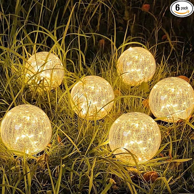 SyouHome Solar Garden Lights Outdoor Waterproof, 6 Pack LEDs Cracked Glass Ball Light, Ground Landscape Garden Decor, Solar Globe Decorative for Pathway/Patio/Lawn/Yard