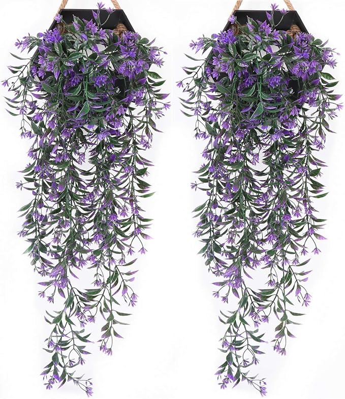 PASYOU Artificial Hanging Ivy, Vine Plastic Plants Grass Leaves Foliage Vines, UV Resistant Greenery Fake Flowers for Home Indoor Outdoor Garden Door Wall Wedding Party DIY Decoration - Purple 4 Pack