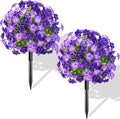 Waipfaru Set of 2 Artificial Boxwood Topiary with Colorful Flowers, 23" UV Resistant Fake Bushes Faux Outdoor Plants, Artificial Shrubs with Ground Spike for Outdoor Garden Front Porch(Purple)